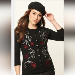 Unique Vintage Spider Embroidered Bookworm 1950s Retro Cardigan